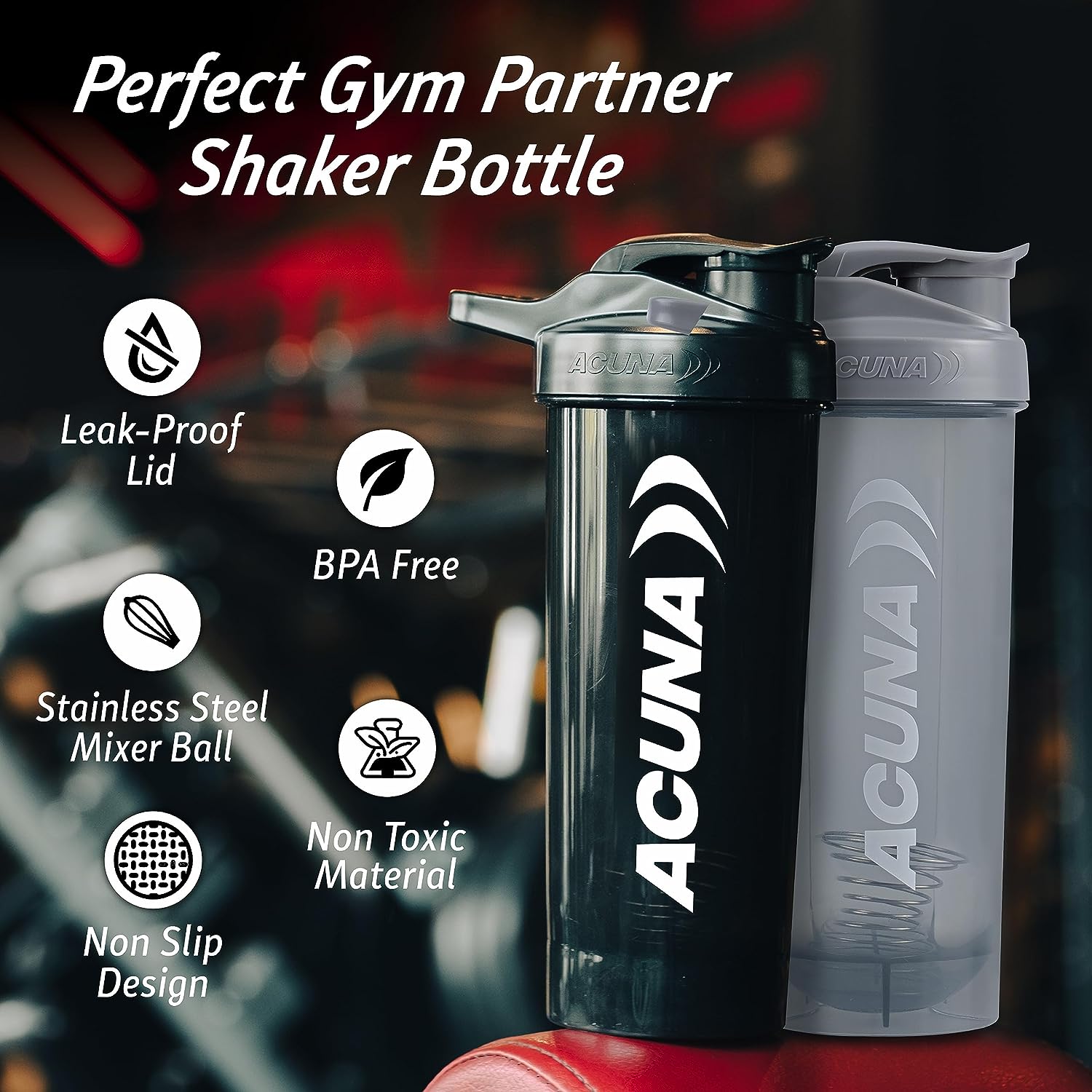 ACUNA Protein Shaker Bottle For Shakes Powder 700 ml (Pack Of 2) Mixer Ball, BPA Free Leak Proof Screw On Lid, Secure Drink Flip Cap, Sports Gym Supplement Shaker Bottles (Black-Grey)
