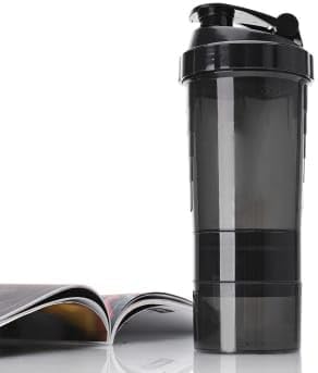 Black Protein Shaker Bottle - With Mixing Ball For Shake - Leak Proof Lid  Twist Off 3 Supplement Storage Compartments Pill Tray - Black Sports Water Bottle - Leak proof Protein Powder Shaker- 500ml