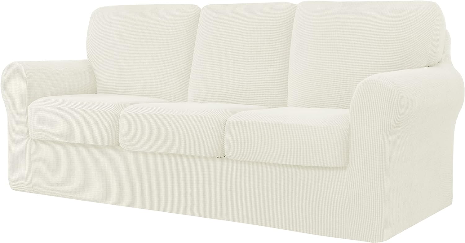 CHUN YI 7 Pieces Stretch Sofa Cover 3 Seater with Three Separate Cushions and Backrests Stylish Jacquard Spandex Fabric Sofa Slipcover for Living Room Furniture Protector(3 Seater，Ivory)
