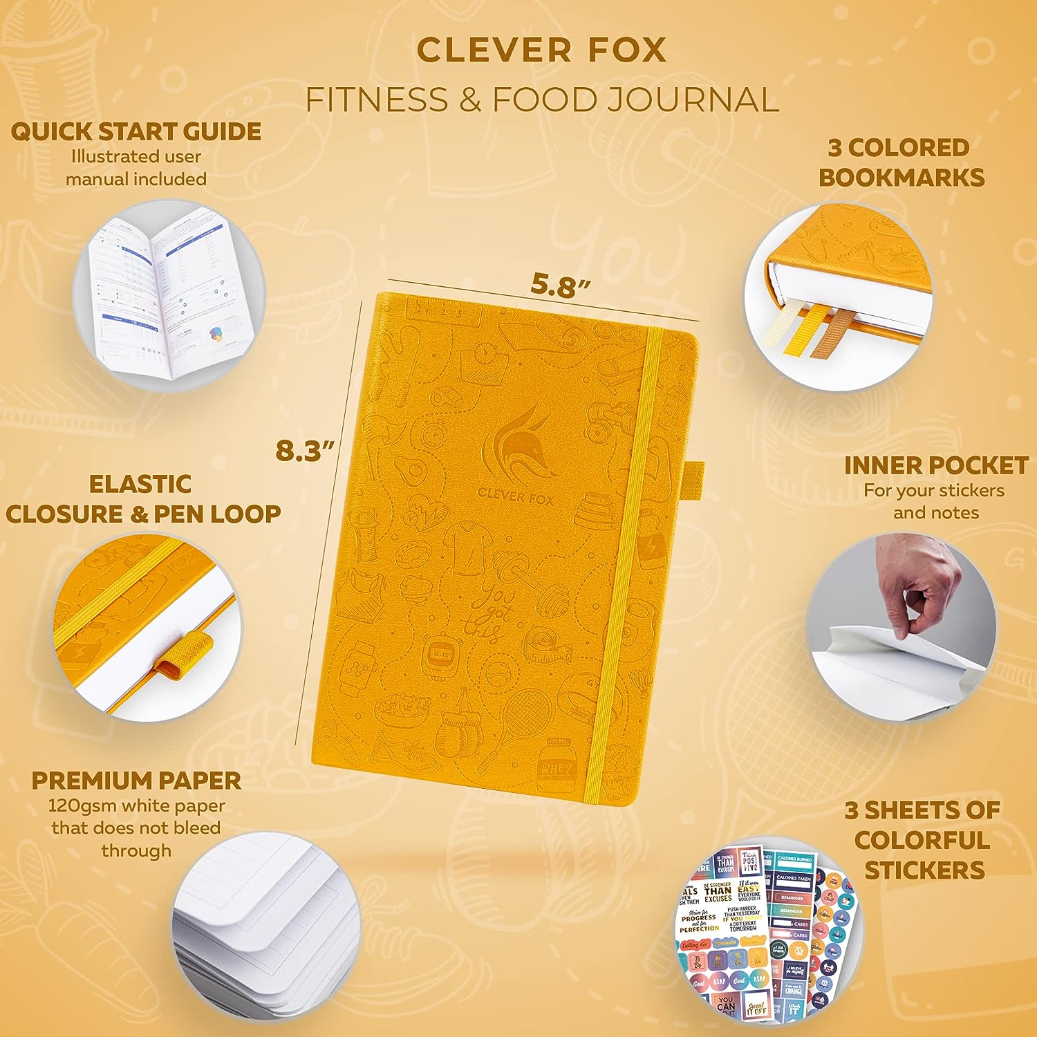 Clever Fox Fitness  Food Journal – Nutrition  Workout Planner for Women  Men – Diet  Gym Exercise Log Book with Calendars, Diet  Training Trackers - Undated, A5, Hardcover (Amber Yellow)