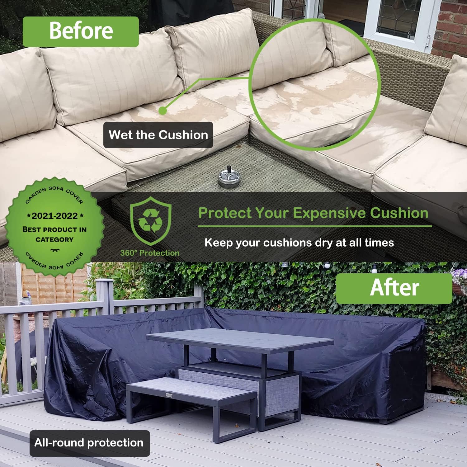Enzeno Garden L-Shape Furniture Cover Waterproof, 420D Heavy Duty Oxford Fabric Outdoor Rattan Corner Sofa Cover with Waterproof Tape (210Left * 140Right * 75cm)