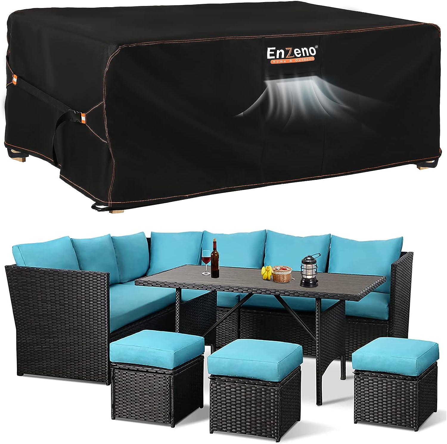 Enzeno Outdoor Garden Furniture Set Covers Waterproof，250X250X90cm Large Garden Furniture Cover ，420D Heavy Duty Patio Furniture Covers for Outside，Windproof,Anti-UV for Chair and Table Rattan Sofa