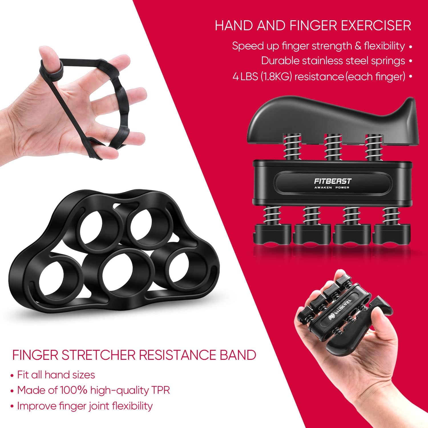 FitBeast Hand Grip Strengthener Forearm Grip Workout Kit - 5 Pack, Adjustable Hand Gripper, Finger Exerciser, Finger Stretcher, Exercise Ring  Stress Relief Grip Ball for Athletes
