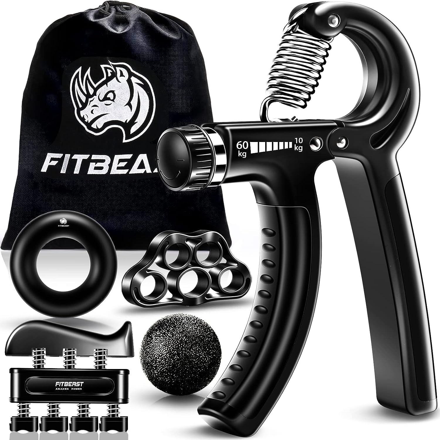 FitBeast Hand Grip Strengthener Forearm Grip Workout Kit - 5 Pack, Adjustable Hand Gripper, Finger Exerciser, Finger Stretcher, Exercise Ring  Stress Relief Grip Ball for Athletes