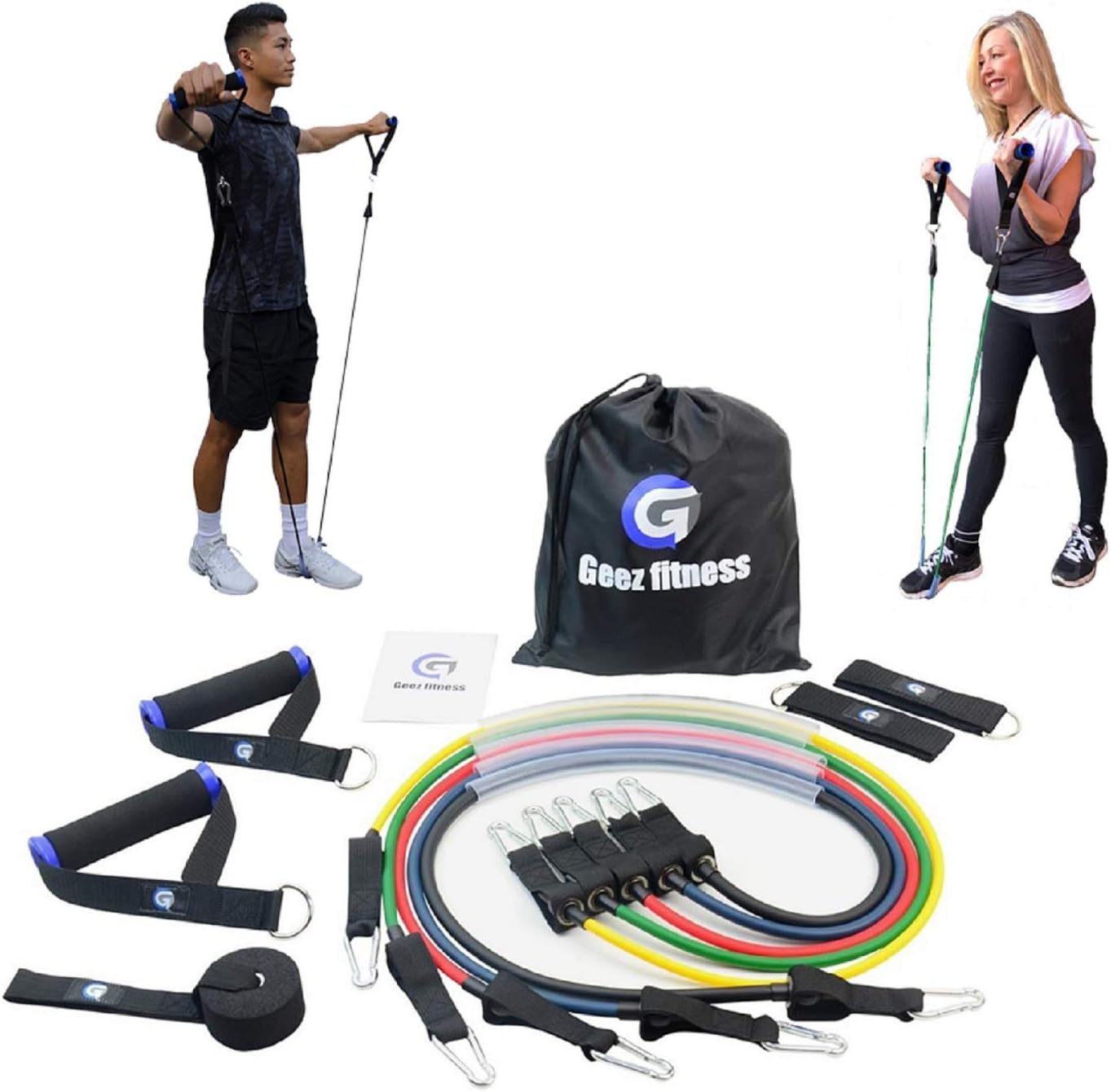 Geez Fitness Resistance Bands Full Set for Women and Men, Mobility, Strength Training Body  Injury Rehab, Door Anchor, Bands for Chest, Thighs, Legs, Arms, glutes, ankle straps  handles. Free Ebook.