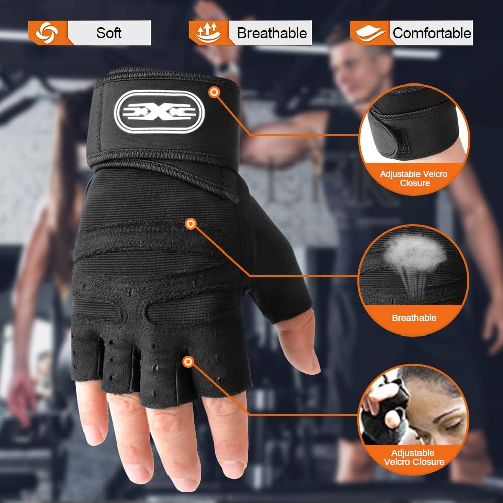 HCFGS Gym Weight Lifting Workout Gloves with Wrist Wrap Support, for Men  Women, Breathable  Full Palm Protection, for Exercise Weightlifting, Training, Fitness, Cycling, Hanging, Pull ups (Black)