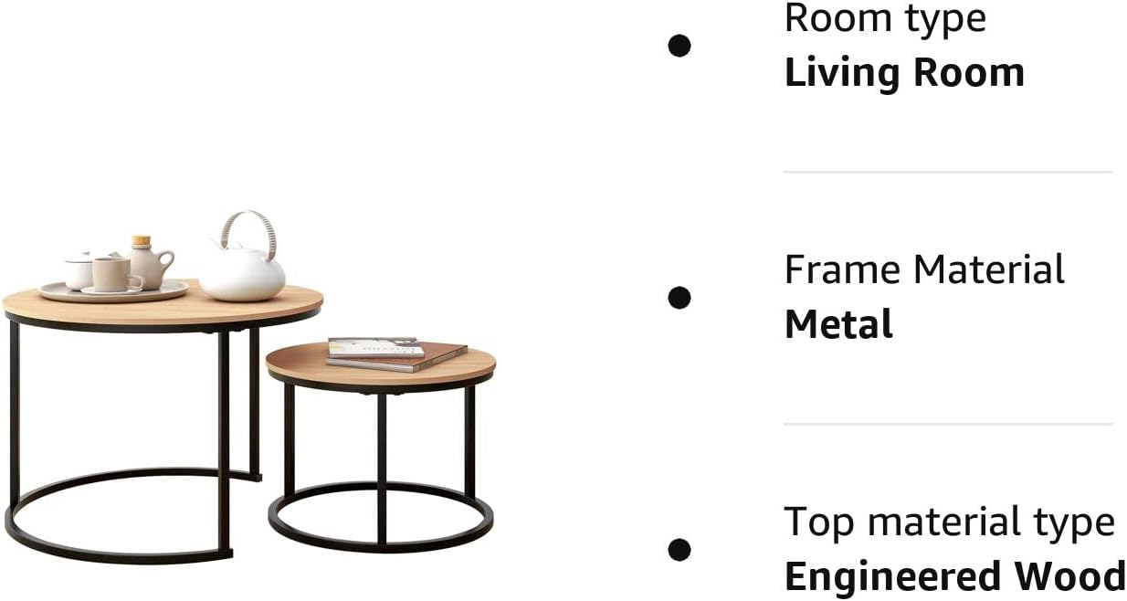 HOJINLINERO Black Round Coffee Table Set of 2 Side Table for Living Room,69.5x49cm Industrial Stacking End Tables,Wood Look Accent Furniture with Metal Frame End Table for Bedroom Decorations,Black
