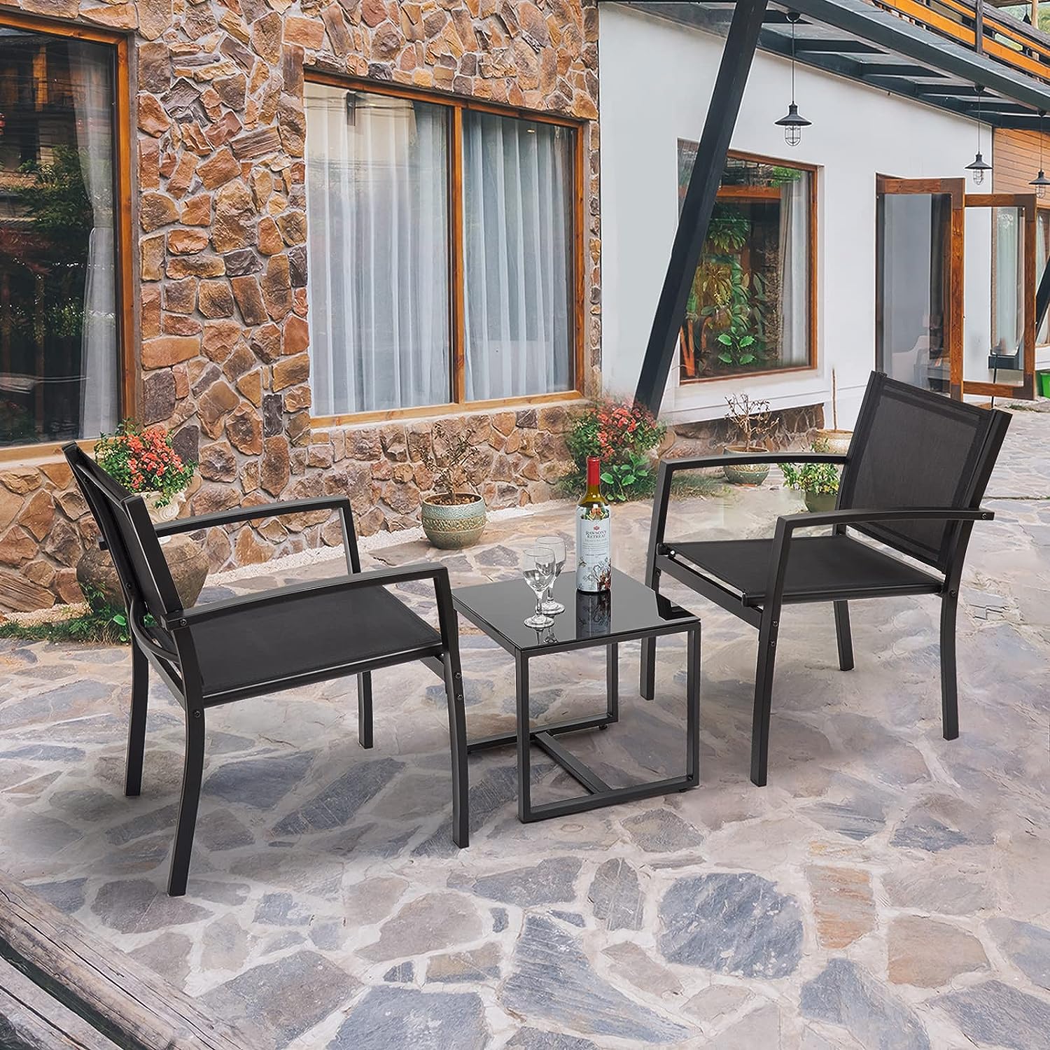 IntimaTe WM Heart Textoline, Indoor Outdoor Furniture Dining Set for Garden Patio Lounge Balcony, Metal, Black, W60 x H76 x D57 cm