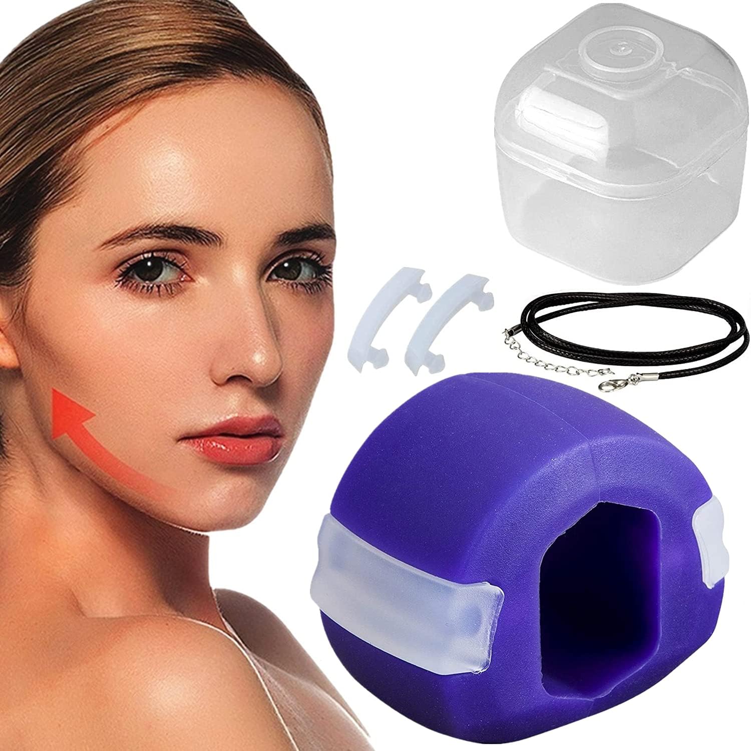 Jaw Exerciser Chew Double Chin Reducer, Men Women Jawline Trainer, Face Fitness Ball Neck Exerciser, Food Grade Silicone Jawline Exerciser With 2 Extra Bite Strips, 1 Storage Box, 1 Lanyard