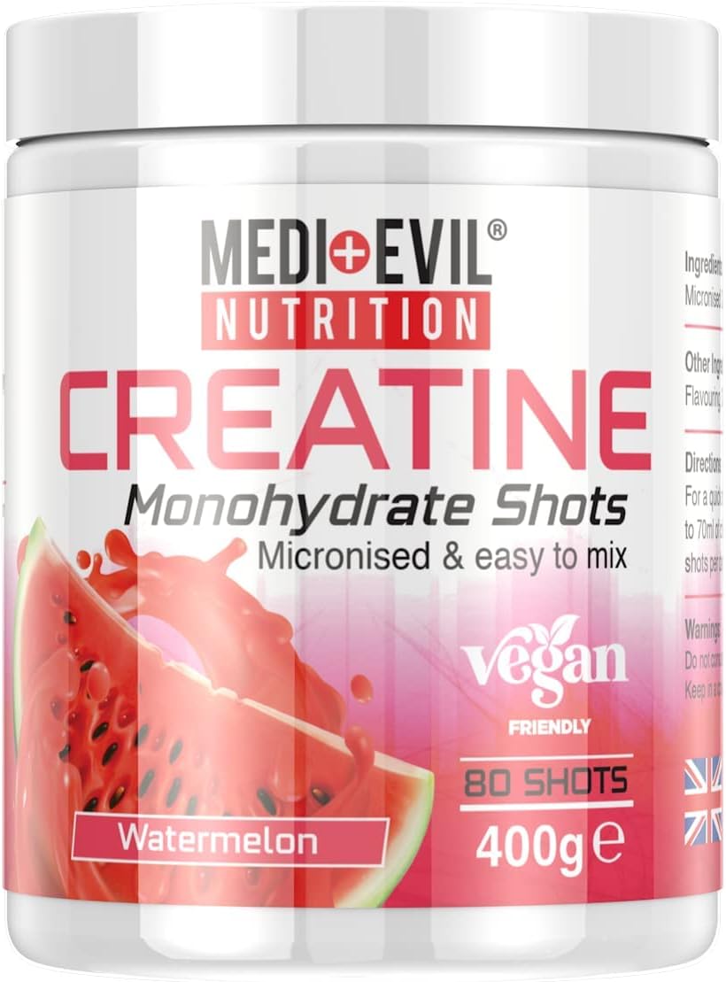 Medi-Evil Nutrition Creatine Monohydrate Shots Powder Vegan Friendly, Watermelon Flavour, 400g, 80 Servings, Micronised for Easy Mixing (Pack of 1 Tub)
