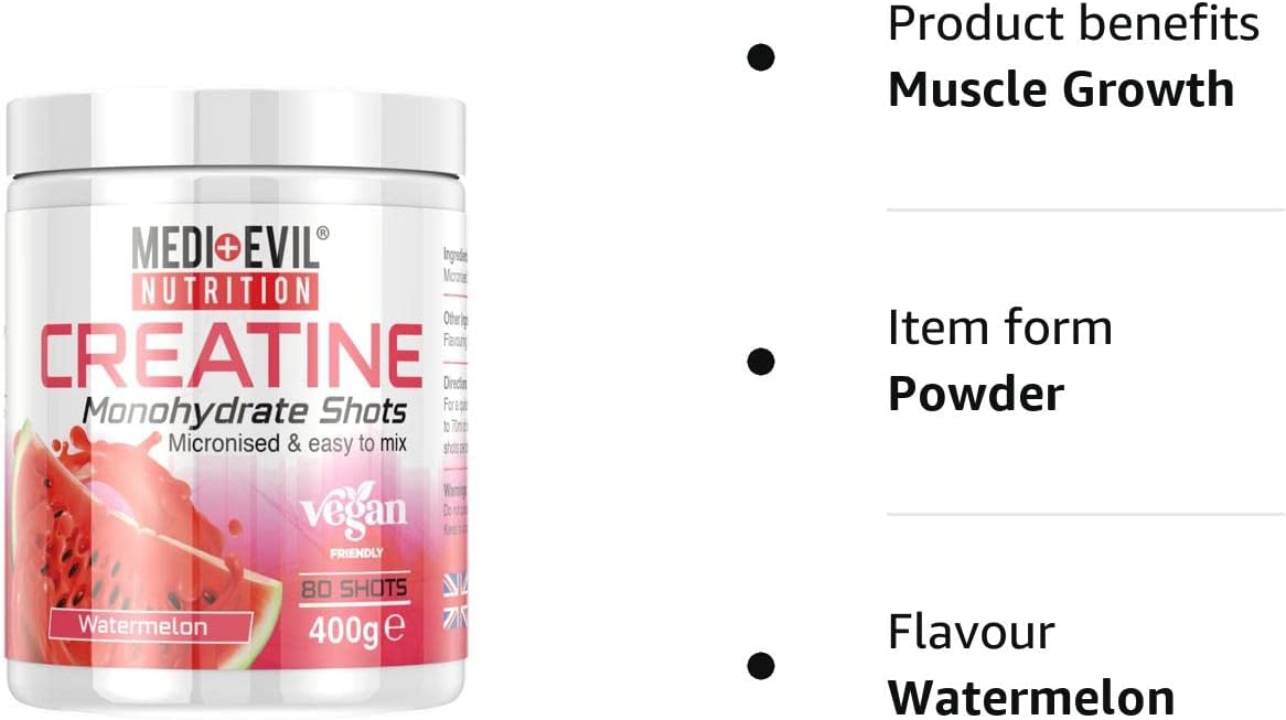 Medi-Evil Nutrition Creatine Monohydrate Shots Powder Vegan Friendly, Watermelon Flavour, 400g, 80 Servings, Micronised for Easy Mixing (Pack of 1 Tub)