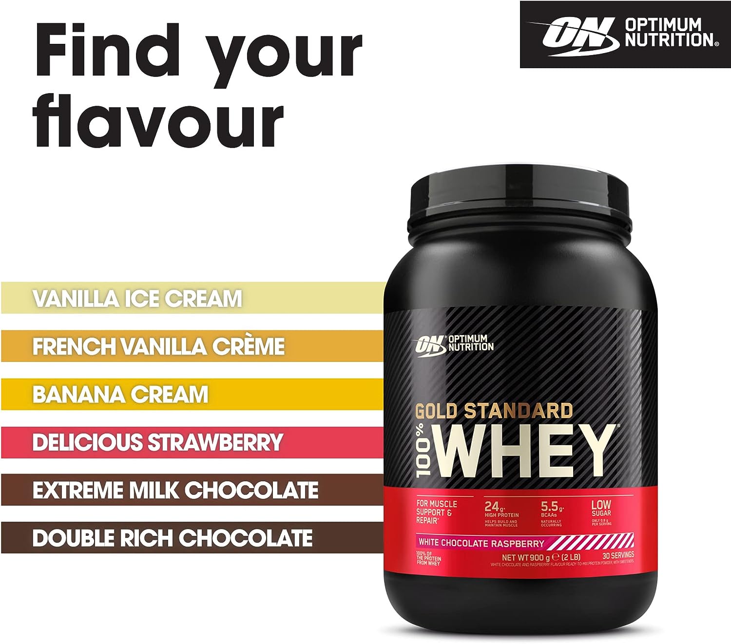 Optimum Nutrition Gold Standard 100% Whey Muscle Building and Recovery Protein Powder With Naturally Occurring Glutamine and BCAA Amino Acids, White Chocolate Raspberry Flavour, 30 Servings, 900 g