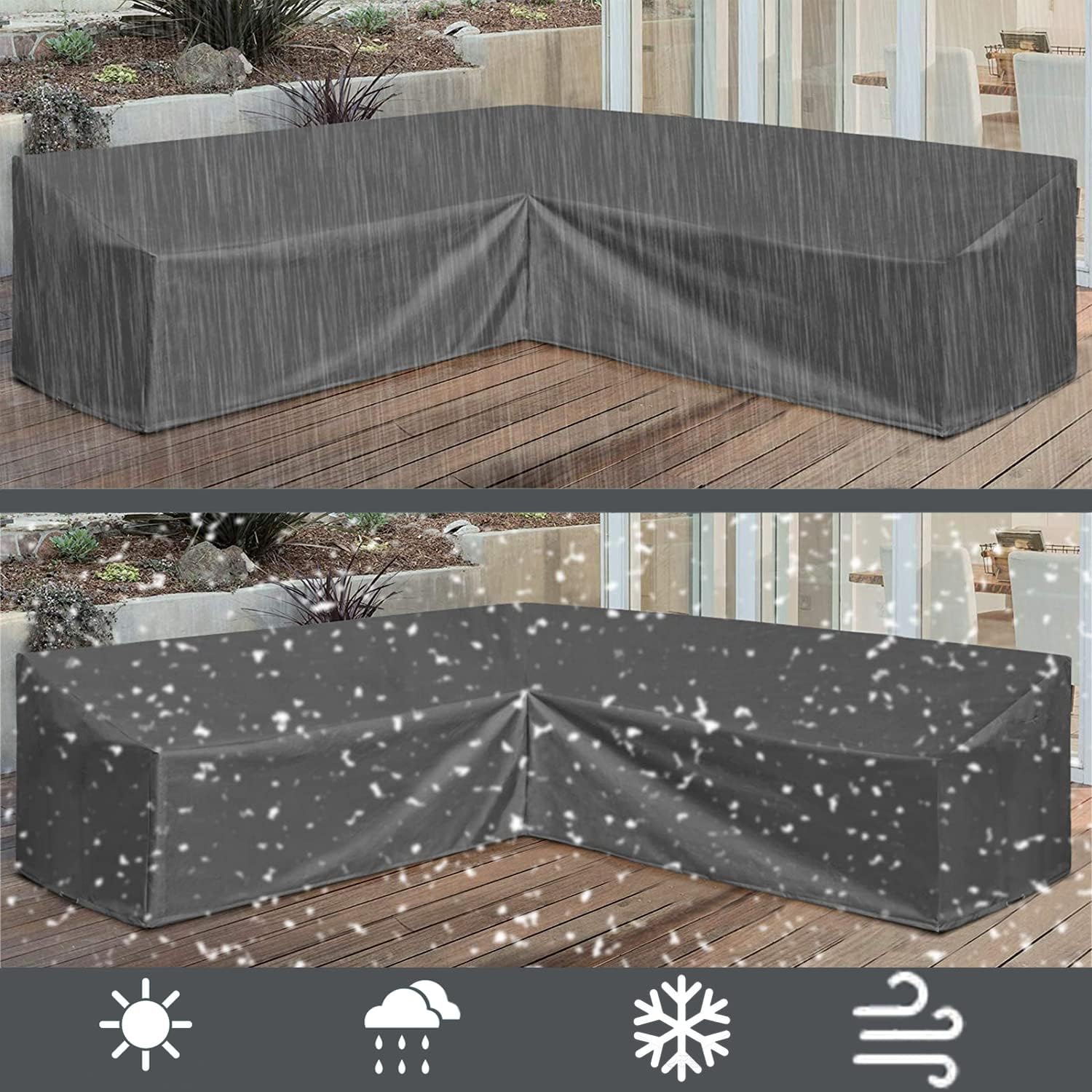 Orgrul V-Shape Garden Furniture Cover Waterproof,Windproof,outdoor Rattan Corner Sofa Cover with Waterproof Tape,heavy duty Oxford Fabric L Shaped Patio Sofa Cover Dustproof Anti-UV(255*255cm)-Grey