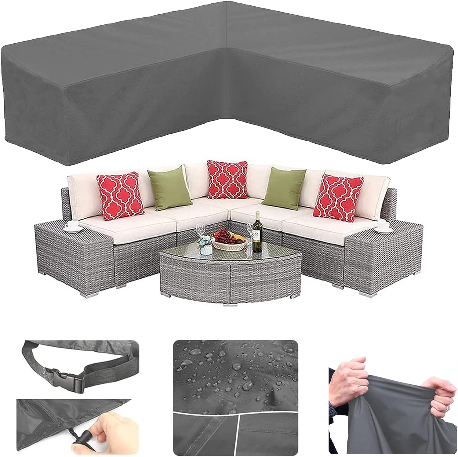 Orgrul V-Shape Garden Furniture Cover Waterproof,Windproof,outdoor Rattan Corner Sofa Cover with Waterproof Tape,heavy duty Oxford Fabric L Shaped Patio Sofa Cover Dustproof Anti-UV(255*255cm)-Grey