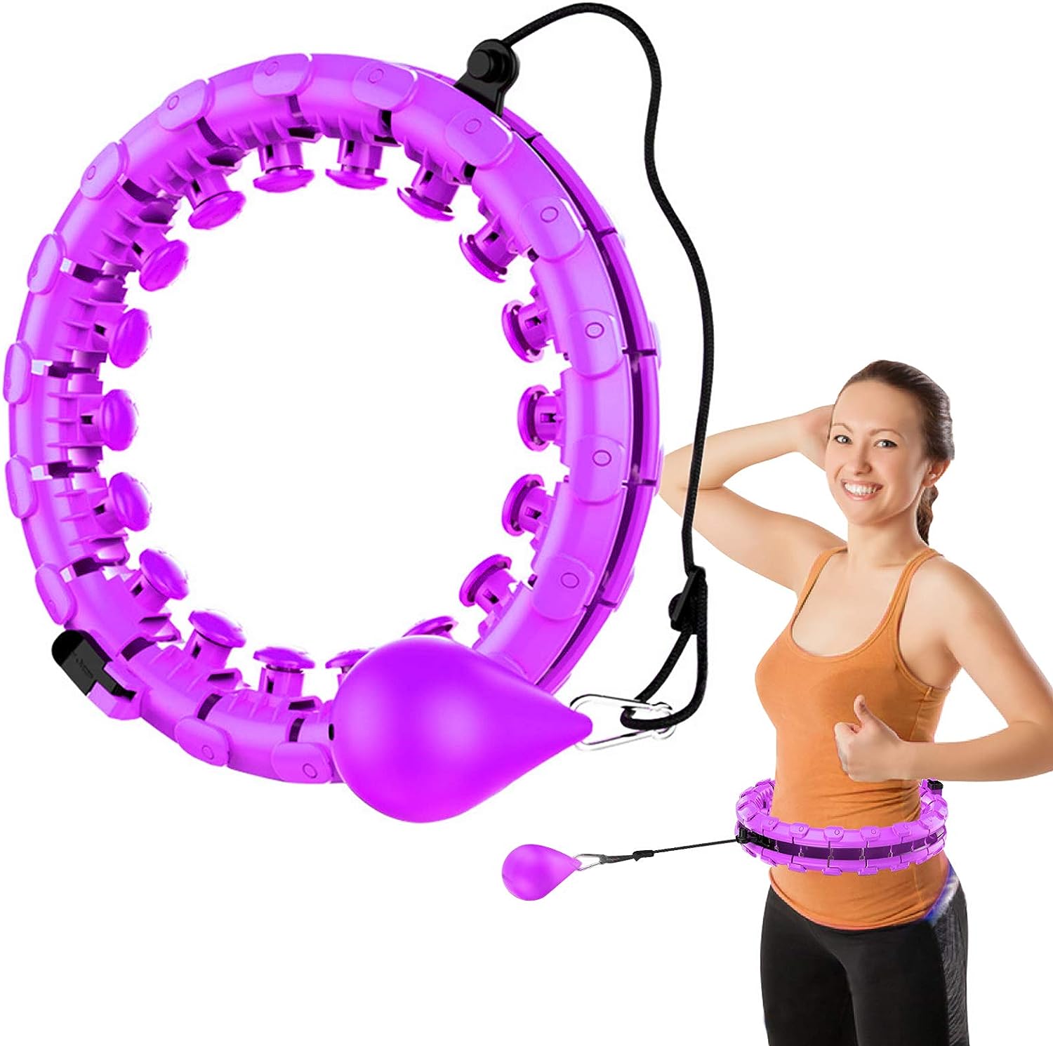 Smart Weighted Fitness Hoop Abdomen Exercise Equipment, 2 in 1 Abdomen Fitness and Massage No Fall Hula Ring with 24 Detachable Knots Adjustable Weight Auto-Spinning Ball for Adults and Kids
