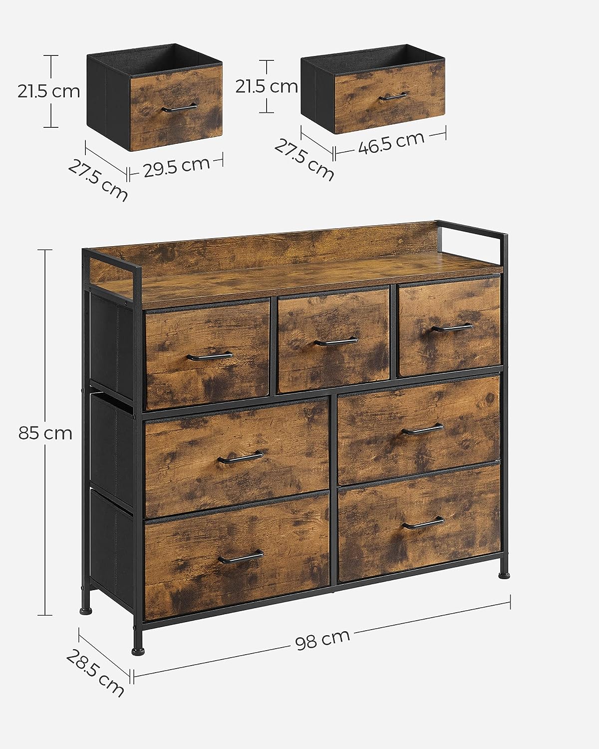 SONGMICS Chest of Drawers, Bedroom Cabinet, 7 Fabric Drawers with Handles, Metal Frame, Industrial Design, Rustic Brown and Black LTS137B01