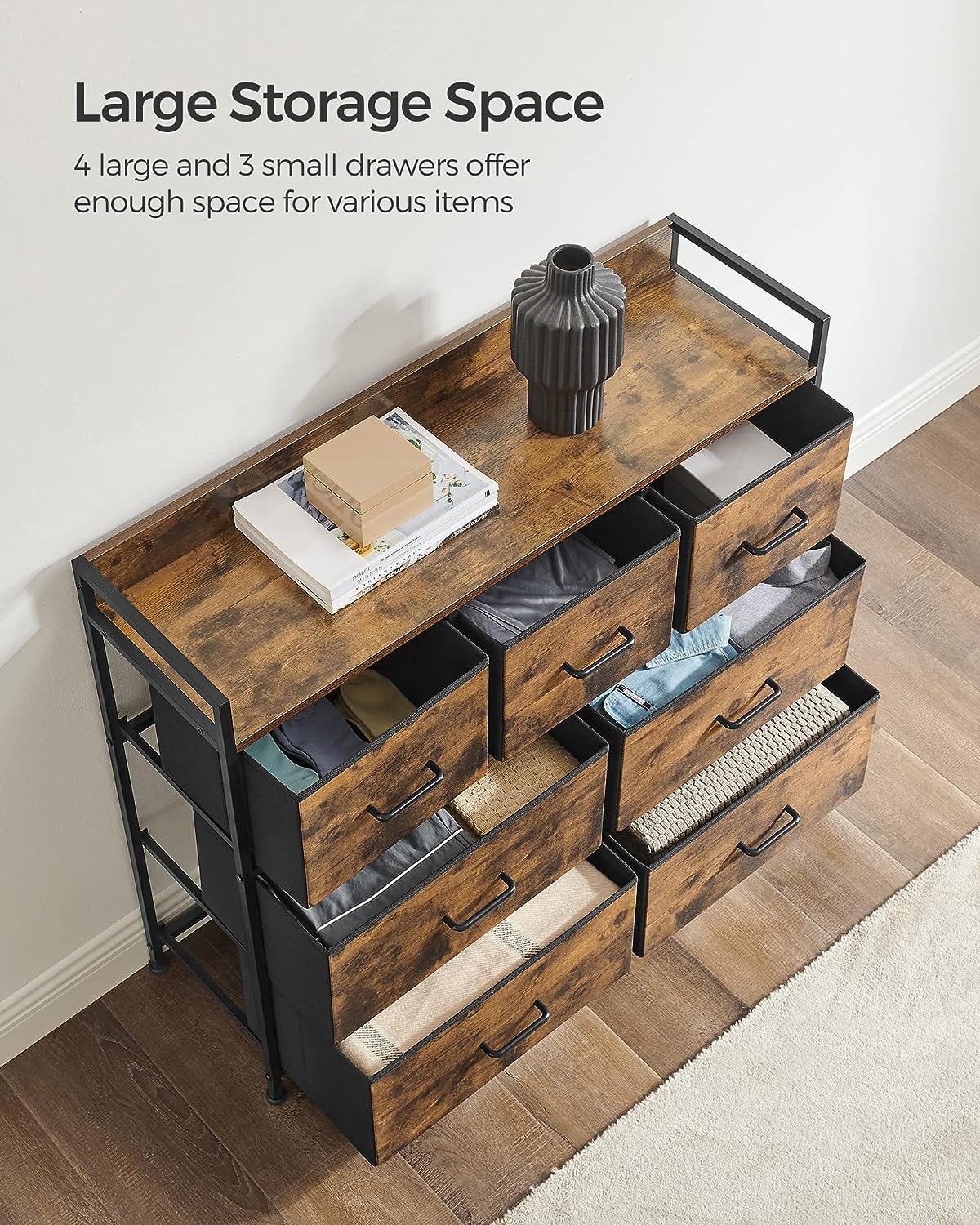 SONGMICS Chest of Drawers, Bedroom Cabinet, 7 Fabric Drawers with Handles, Metal Frame, Industrial Design, Rustic Brown and Black LTS137B01