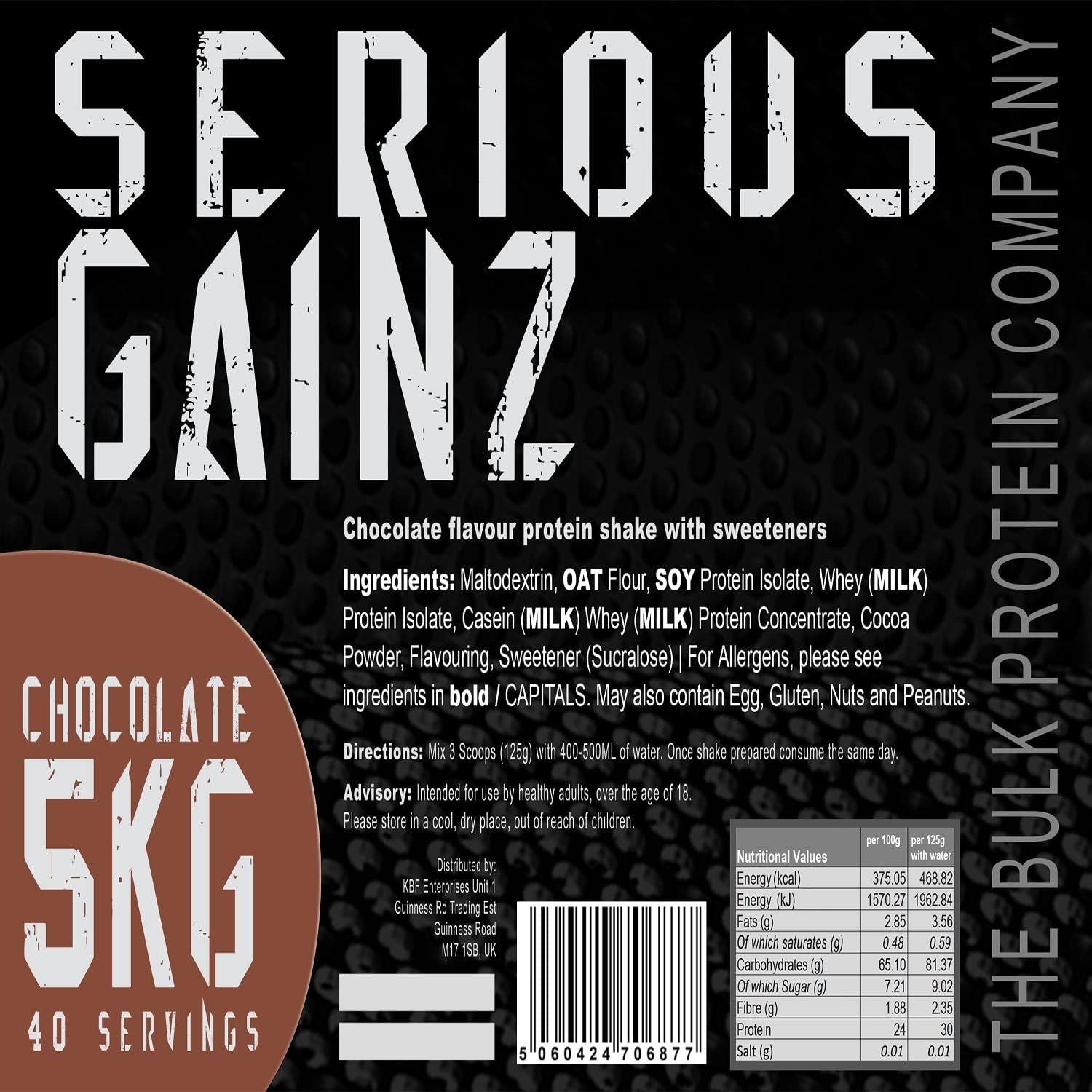 The Bulk Protein Company, SERIOUS GAINZ - Whey Protein Powder - Weight Gain, Mass Gainer - 30g Protein Powders (Chocolate, 5kg)