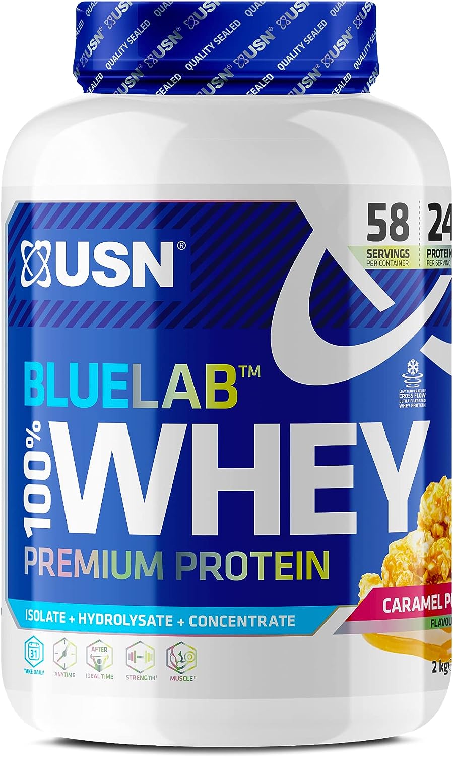 USN Blue Lab Whey Protein Powder: Caramel Popcorn - Whey Protein 2kg - Post-Workout - Whey Isolate - Muscle Building Powder Supplement With Added BCAAs