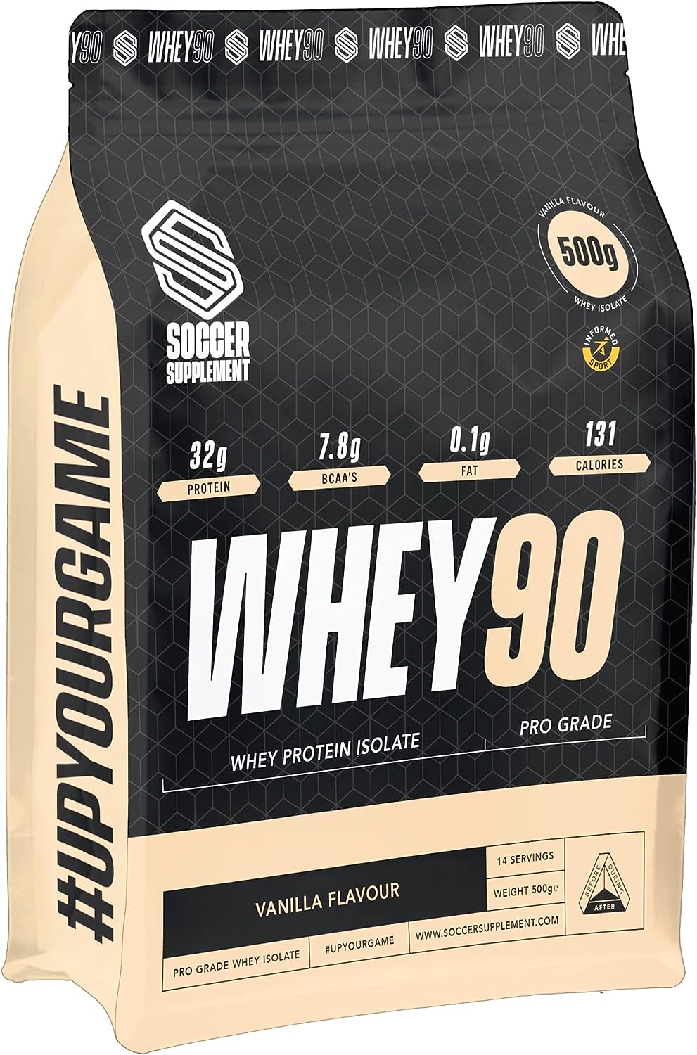 WHEY90® Pro Grade Whey Protein Isolate- by Soccer Supplement, 32 Grams of Protein Per Serving, Great Tasting Whey Protein Isolate, 0.1g of Fat  7.8g of BCAAs, Informed Sport Tested (Vanilla, 500g)