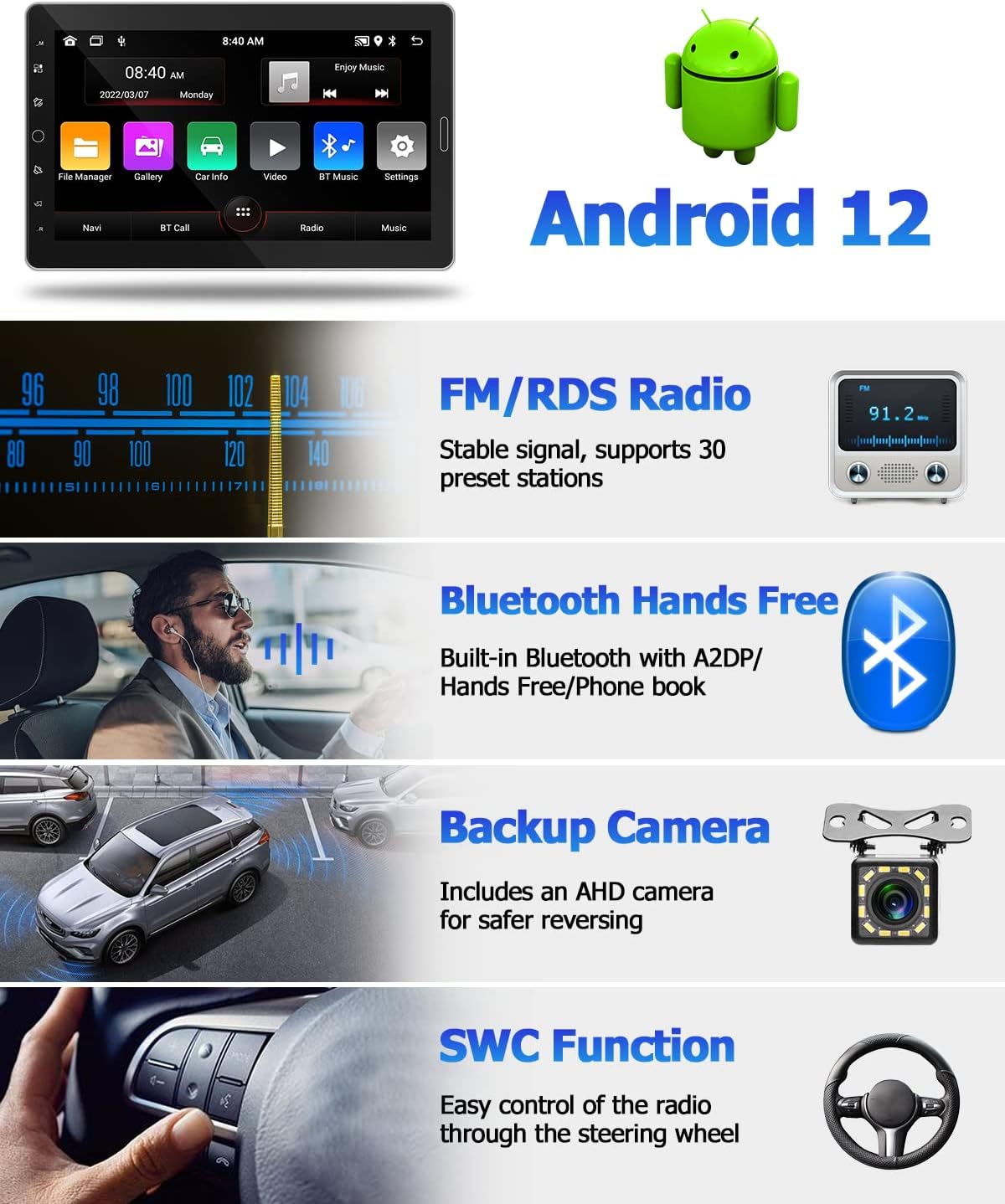 【1+32GB】 10.1 Inch Detachable Touchscreen Single Din Android Car Stereo with Sat Nav 1 Din Car Radio Bluetooth Supports GPS WiFi FM RDS Radio USB SWC Mirror Link + Reverse Camera