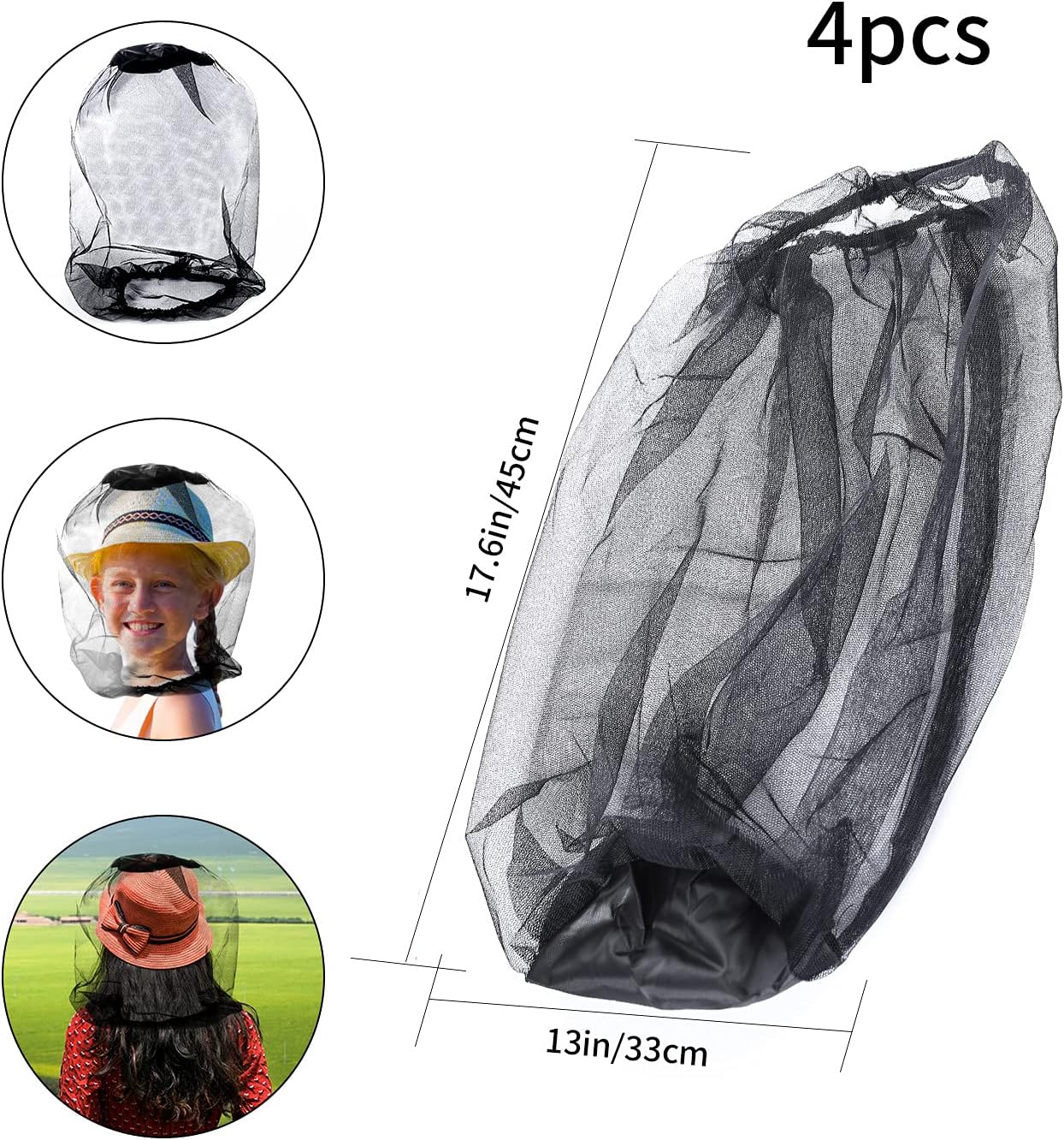 4 PCS Midge Head Net, Nylon Mosquito Head Protecting Net, Fine Mesh Insect Netting, Face Neck Netting Cover for Outdoor, Hiking, Camping, Climbing, Walking - Black