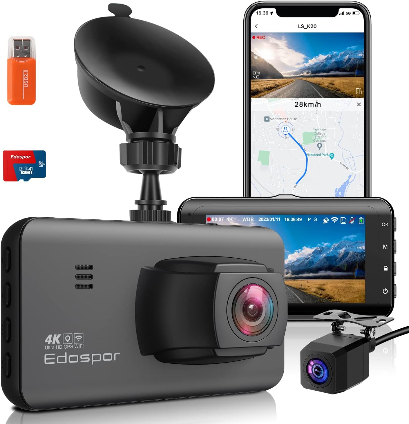4K Dash Cam Front and Rear(1080P FHD) with GPS  WiFi, Dual Dashcam for Car with Super Night Vision, Parking Mode, 64G SD Card, 170° Wide Angle, G-Sensor,3 IPS Display, APP Control, Support 256GB Max