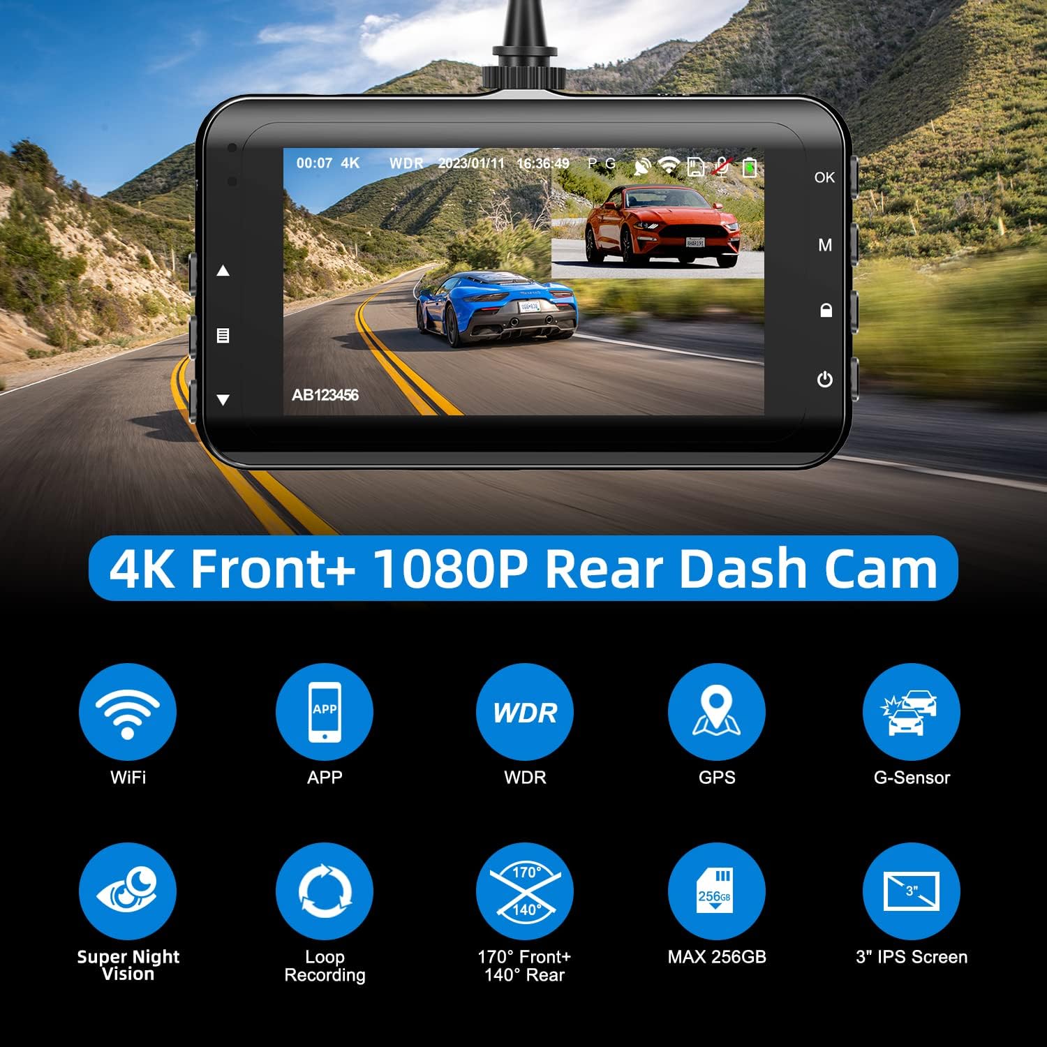 4K Dash Cam Front and Rear(1080P FHD) with GPS  WiFi, Dual Dashcam for Car with Super Night Vision, Parking Mode, 64G SD Card, 170° Wide Angle, G-Sensor,3 IPS Display, APP Control, Support 256GB Max