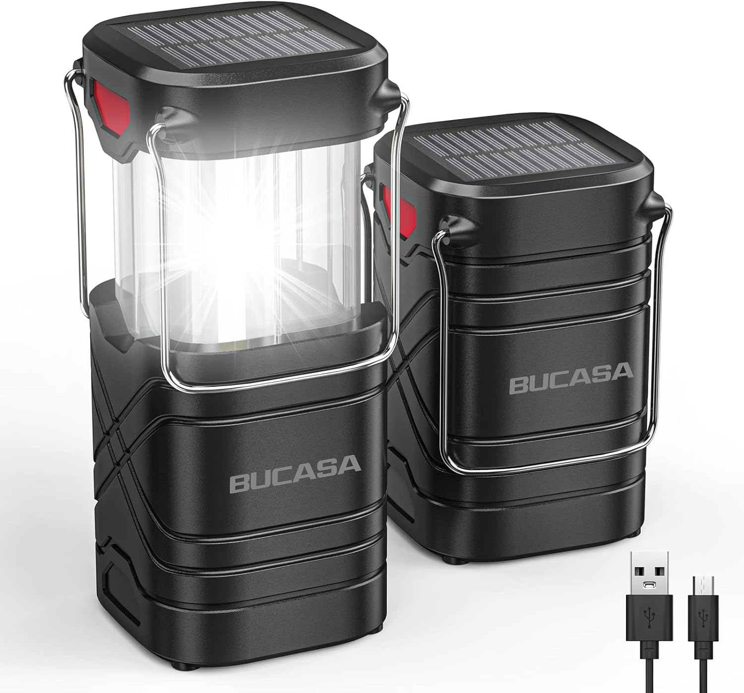 BUCASA Rechargeable Camping Lights, 2 Pack Portable Solar Camping Torch 2000 Lumen, Super Bright Collapsible Waterproof Camping Lantern for Outdoor Hiking Fishing Emergency