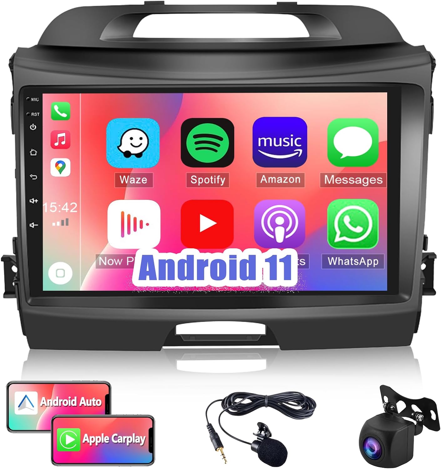 CAMECHO Android 11 Car Stereo for Kia Sportage 2010-2015 with Wireless Apple Carplay Android Auto 9 Inch Touch Screen Radio with GPS Sat Nav HiFi Bluetooth FM RDS SWC WiFi + Reverse Camera