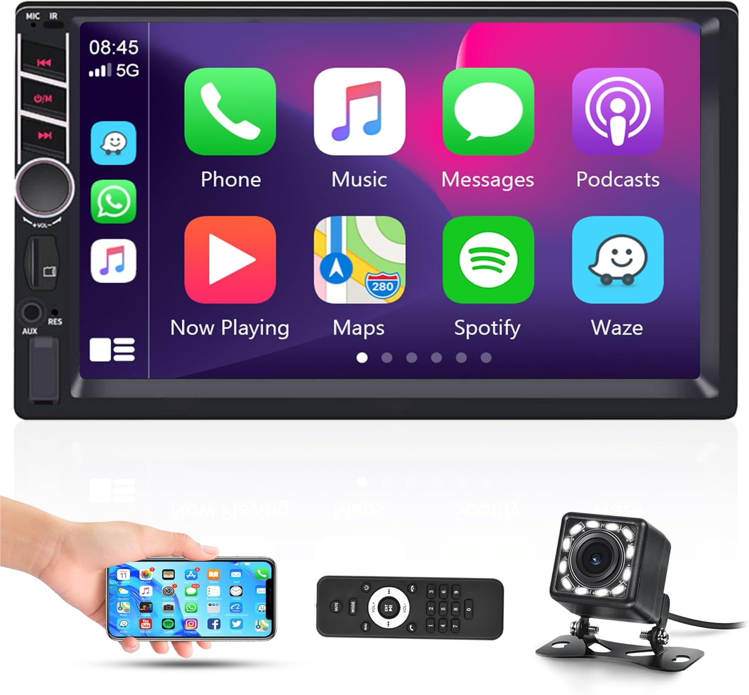 Double Din Car Stereo Apple CarPlay Rimoody 7 Inch Touchscreen Car Radio with Android Auto Bluetooth FM Radio Mirror Link USB TF Aux in Head Unit Car MP5 Player + Backup Camera