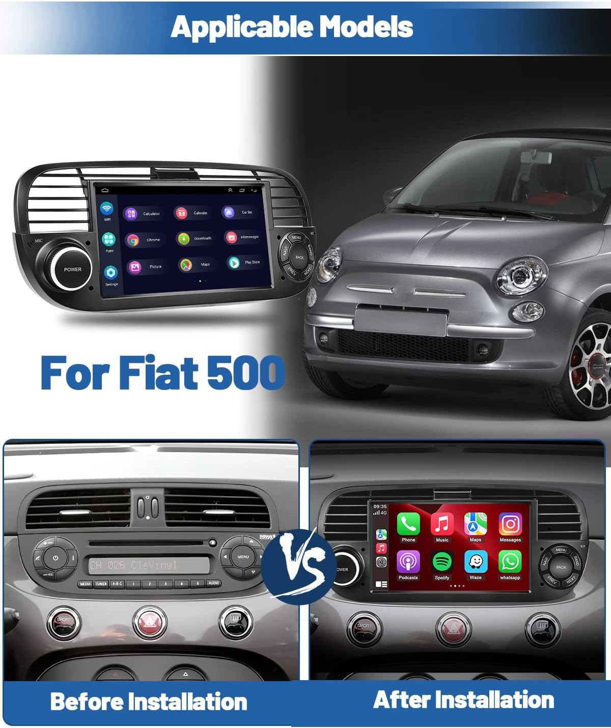 Hikity Android Car Stereo for Fiat 500 (2007-2015) with Wireless Carplay  Android Auto 【2+32G】7 Touch Screen Car Radio with Sat Nav WiFi FM RDS Radio USB Reverse Cam