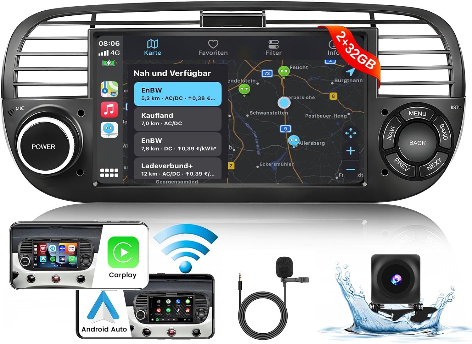 Hikity Android Car Stereo for Fiat 500 (2007-2015) with Wireless Carplay  Android Auto 【2+32G】7 Touch Screen Car Radio with Sat Nav WiFi FM RDS Radio USB Reverse Cam