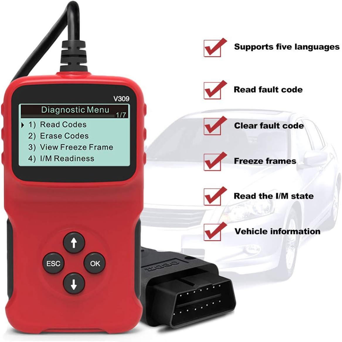 LEOP Universal OBD2 Engine Fault Reader Car Scanner, Professional Auto Car Diagnostic Scanner Repair Tool, HD LCD Display Screen, I/M Readiness Smog Check CAN Diagnostic Scan Tool Support 5 Language