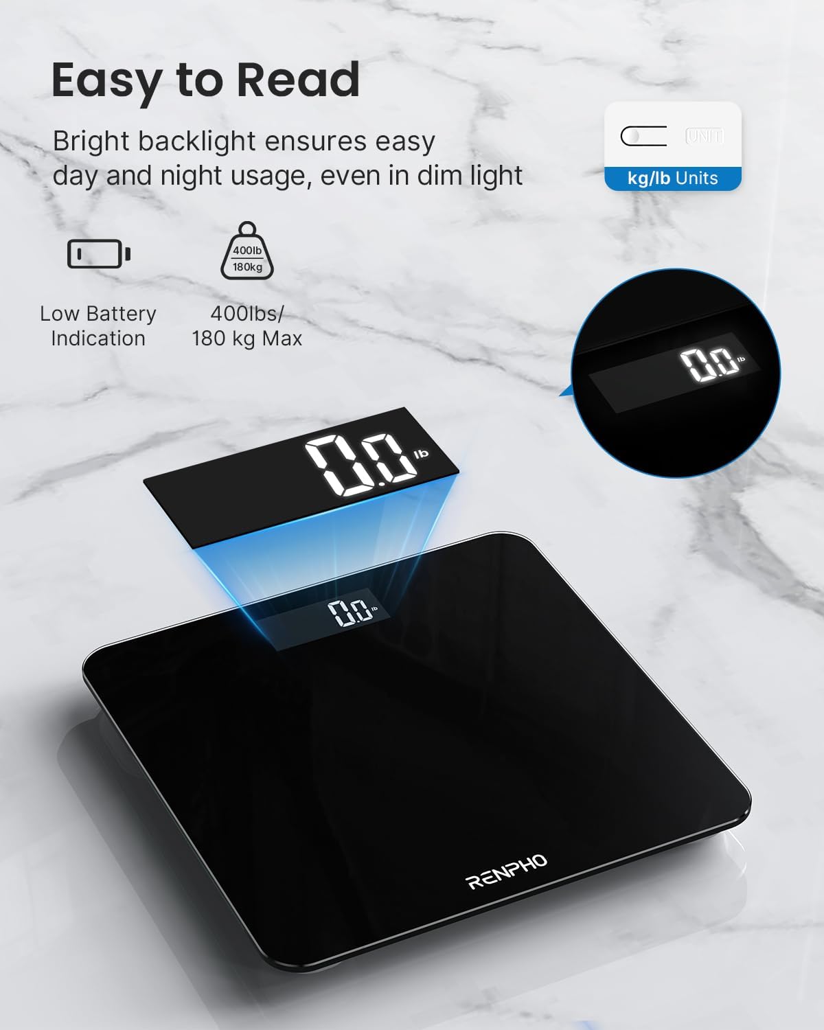 RENPHO Digital Bathroom Scales for Body Weight, Weighing Scale Electronic Bath Scales with High Precision Sensors Accurate Weight Machine for People, LED Display, Step-On, Black, Core 1S
