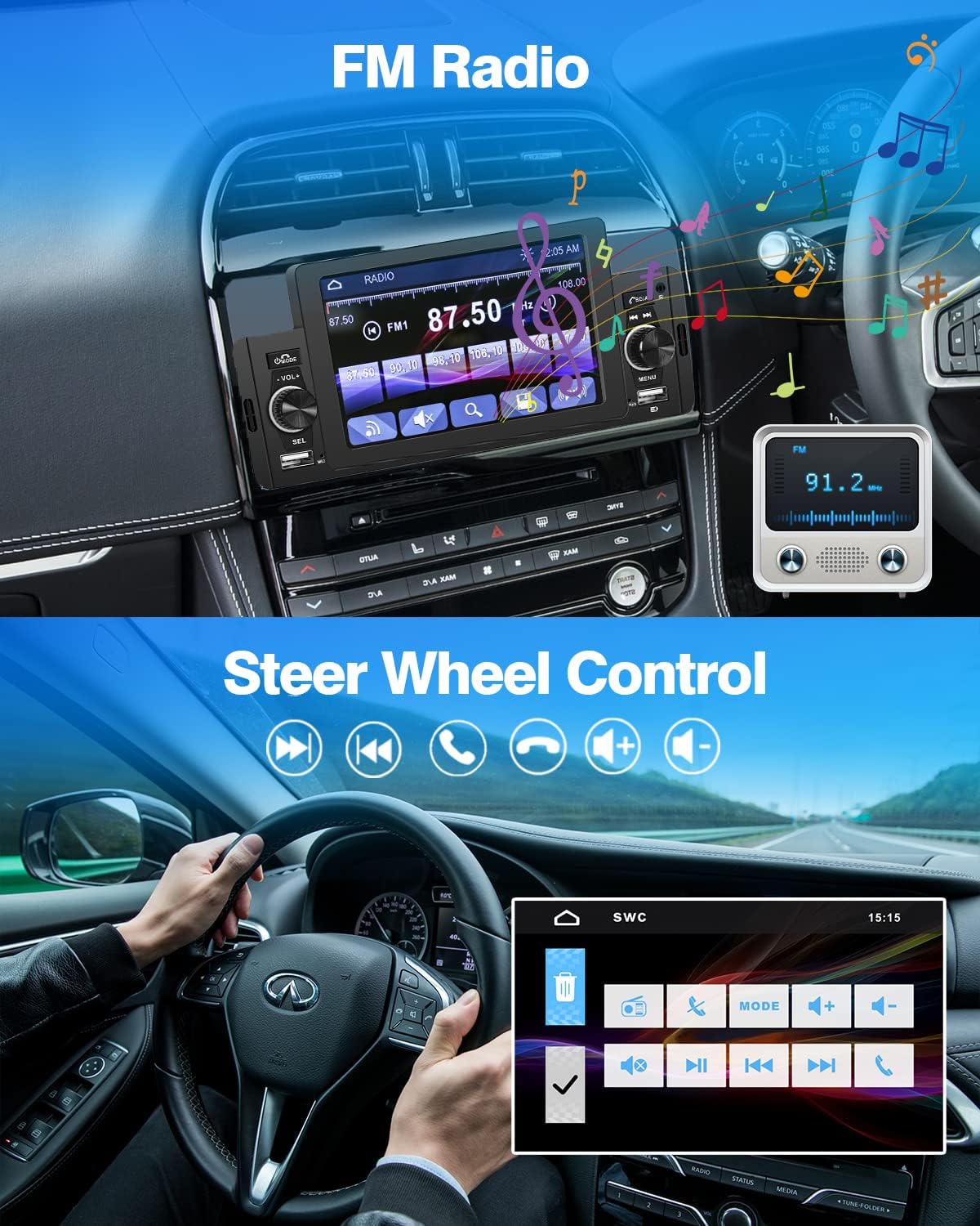 Single Din Car Stereo Bluetooth Hands-Free with 5 Touch Screen, Hikity Touch Screen Car Radio 1 Din Support Mirror Link USB FM SWC EQ External Mic Car MP5 Player+Rear View Camera