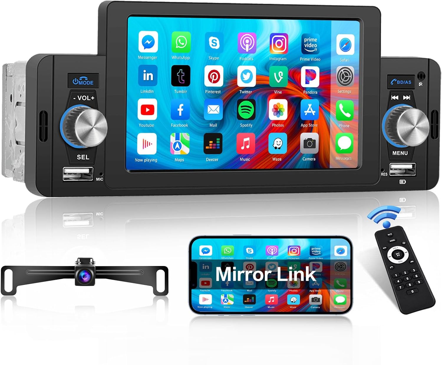 Single Din Car Stereo Bluetooth Hands-Free with 5 Touch Screen, Hikity Touch Screen Car Radio 1 Din Support Mirror Link USB FM SWC EQ External Mic Car MP5 Player+Rear View Camera