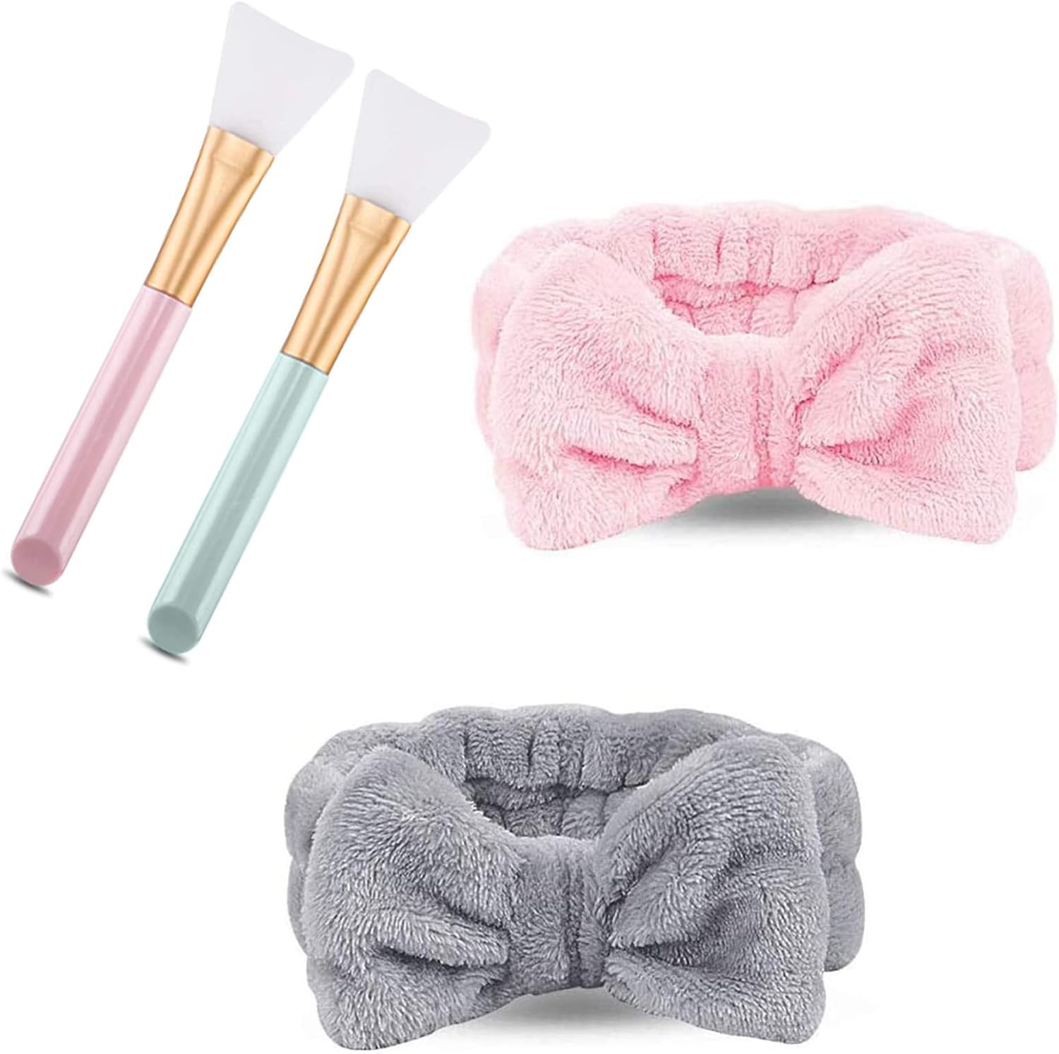 Spa Headband,2 Pack Bowknot Hair Bands With 2 Silicone Face Mask Brush,Makeup Headbands,for Women Girls Washing Face Shower Sports Beauty Skincare(Gray,Pink)