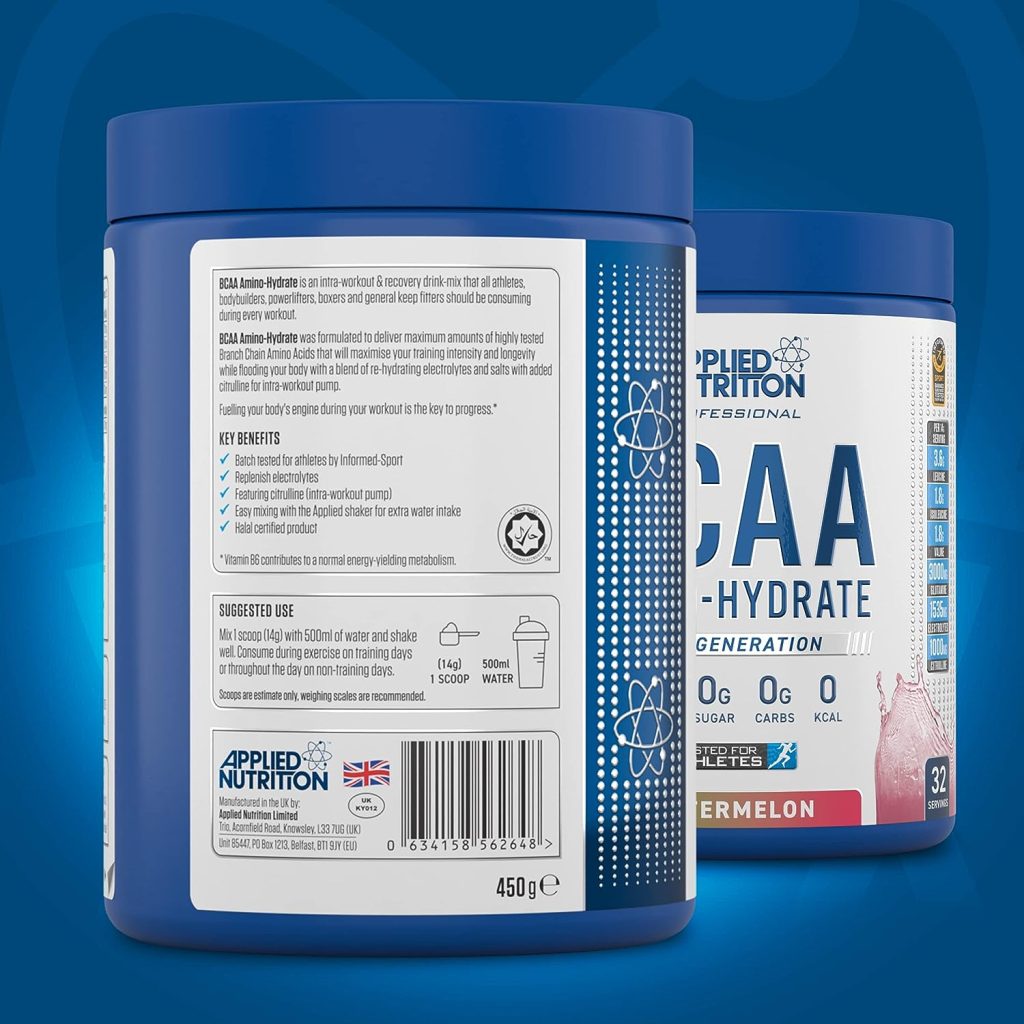 Applied Nutrition BCAA Powder - Branched Chain Amino Acids BCAAs Supplement, Amino Hydrate Intra Workout  Recovery Energy Drink (450g - 32 Servings) (Watermelon)