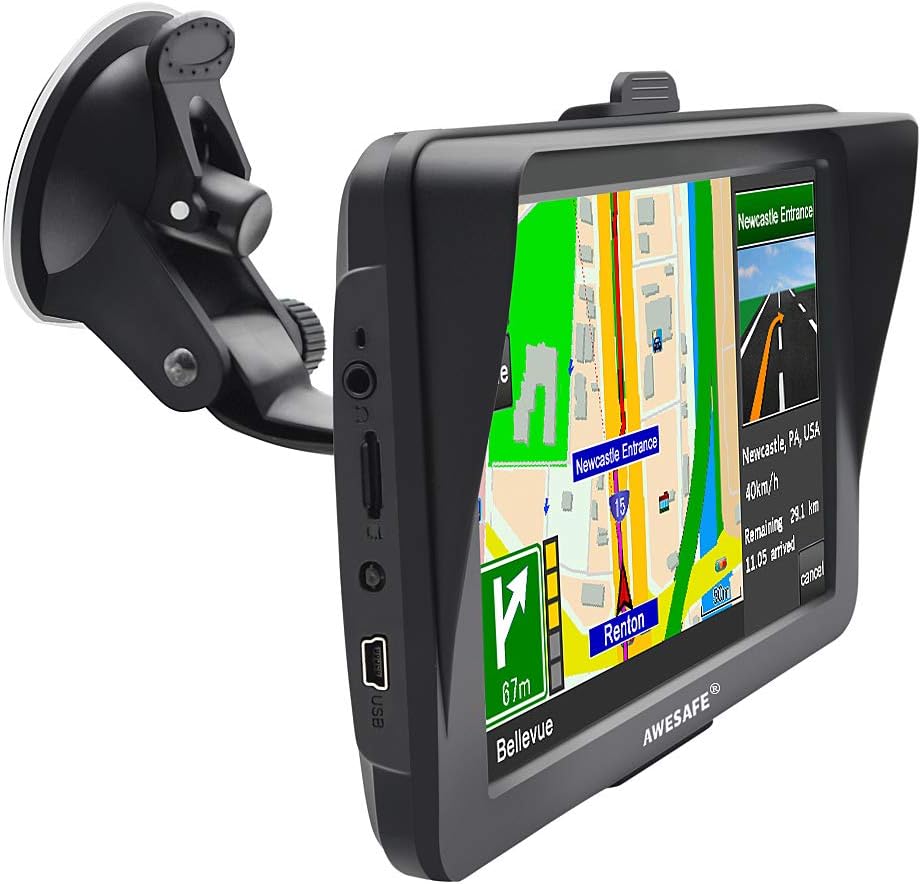 AWESAFE Sat Navs for Cars, 7 Inch Car Sat Nav GPS Navigation Includes Postcodes, Speed Camera Alerts, POI Lane Assistance, Truck Lorry Satnav with Sunshade