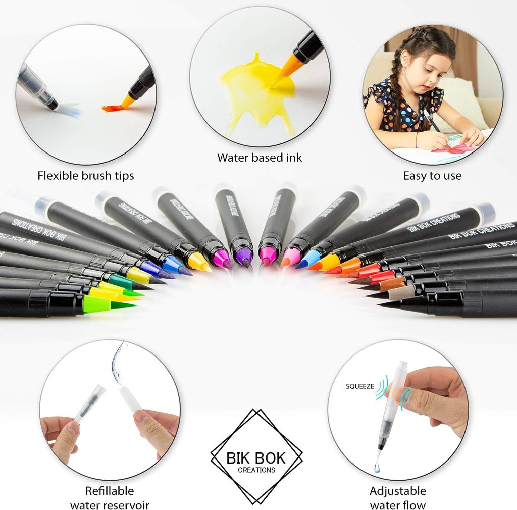 Bik bok creations Watercolour Brush Pens, 20 Water Based Ink Art Set for Colouring, Bullet Journals, Calligraphy and Drawing - Art and Crafts Supplies, Real Nylon Pens with Soft Water Blending Brush