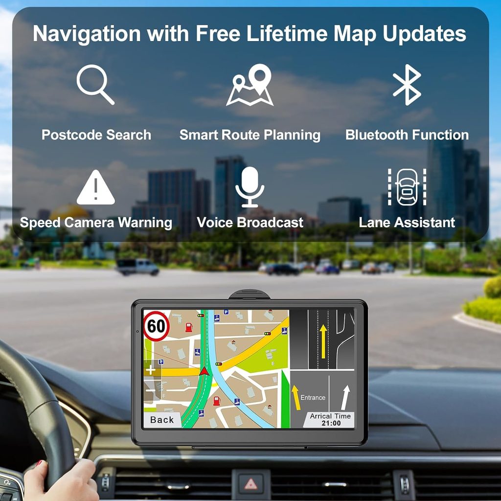 Bluetooth UK Sat Nav, 7 inch Car GPS Navigator with 2023 UK Europe Maps, Lifetime Free Updates, Truck GPS Navigation with Handsfree Calling, Postcode, Speed Camera Alert, Lane Guidance Assist