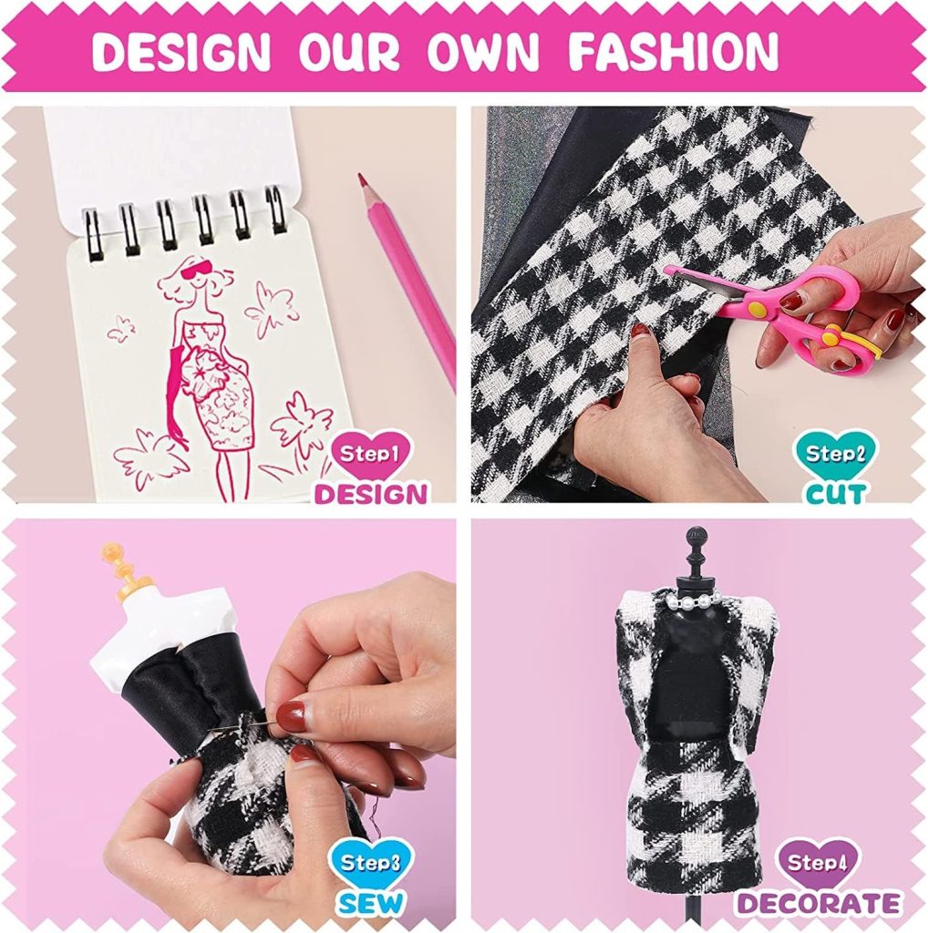 Fashion Design for Girls Kids Fashion Designer Sewing Set Mannequin Sketchbook Scissors Clothing Fabric Accessories Creative Arts Craft Fashion Design DIY Activity for Kids Fashion Designer Kits