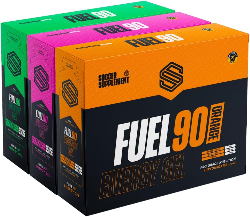 FUEL90 Energy Gel - by Soccer Supplement - Quick Release Energy Gels with a Dual Carbohydrate Source for Quicker Absorption. Great Tasting Fruity Flavours - 36x 70g gels, Informed Sport Batch Tested