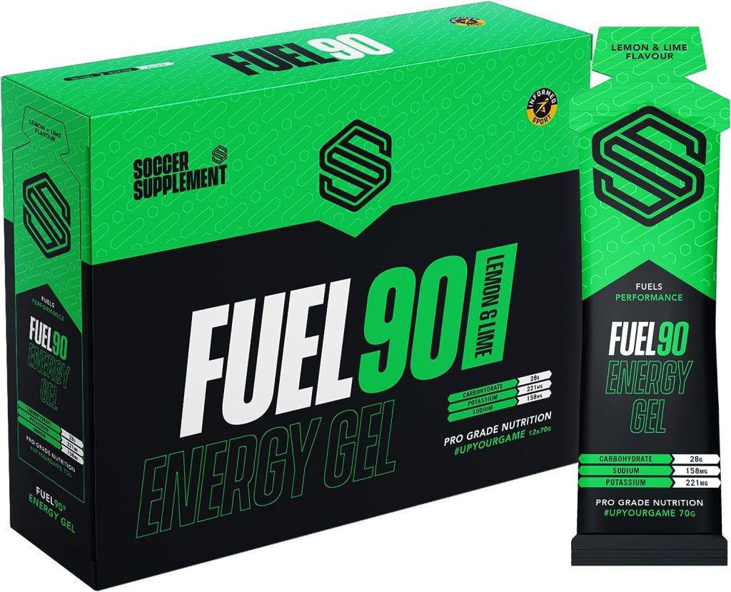 Fuel90 Energy Gel - Quick Release Preworkout Energy Gel with a Dual Carbohydrate Source for Quicker Absorption by Soccer Supplement, Lemon  Lime - 12x 70g gels, Informed Sport Tested