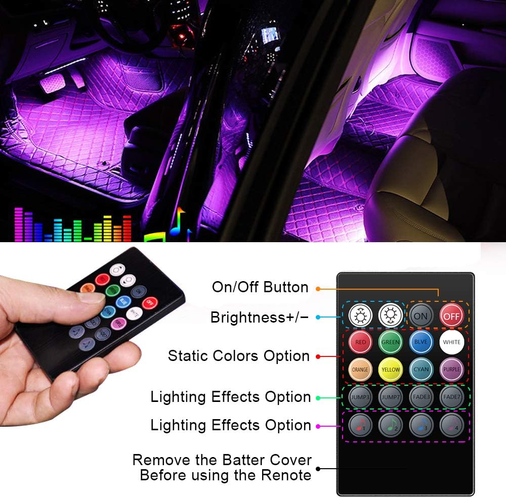Interior Car Lights - Trongle Car Strip LED Lights, Waterproof with 4pcs 48 LEDs 8Colors with Sound Sensor and Remote Control, USB Port Car Charger Light Bar, Car Music Sound-activated Lighting, DC 5V