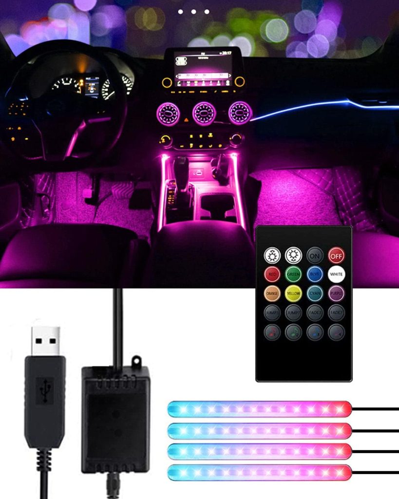 Interior Car Lights - Trongle Car Strip LED Lights, Waterproof with 4pcs 48 LEDs 8Colors with Sound Sensor and Remote Control, USB Port Car Charger Light Bar, Car Music Sound-activated Lighting, DC 5V