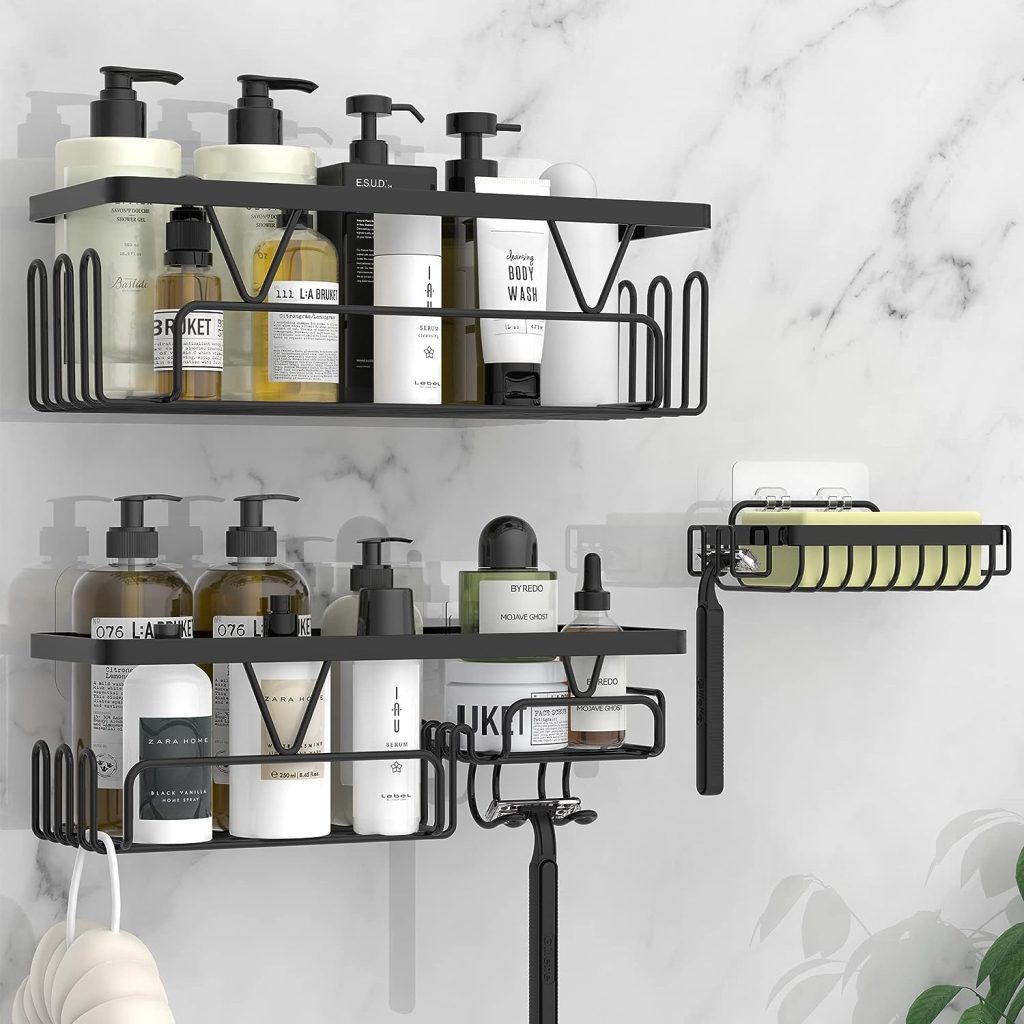 Kegii Shower Caddy, Bathroom Shelf Organiser No Drilling, Adhesive Shower Storage Rack with Soap Razor Holder, Bathroom Accessories, Black, 3 Pack