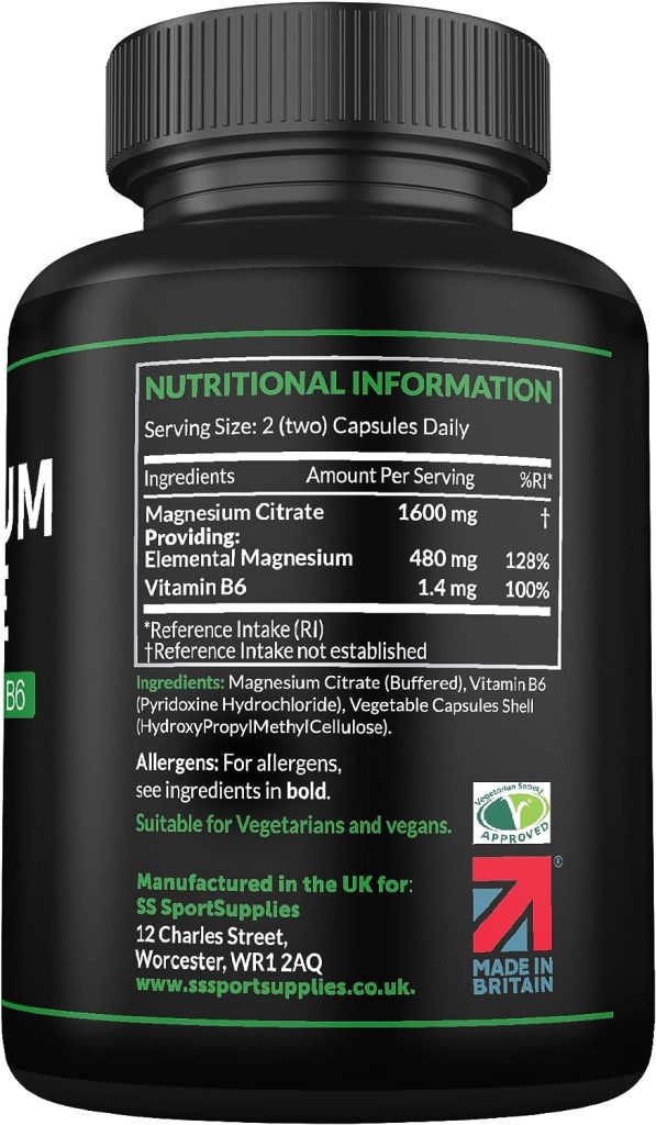Magnesium Citrate Supplements - 1600mg Per Serving - 120 High Strength Vegan Capsules - Providing 480mg Elemental Magnesium Per Serving - Manufactured in the UK by SS Sport Supplies