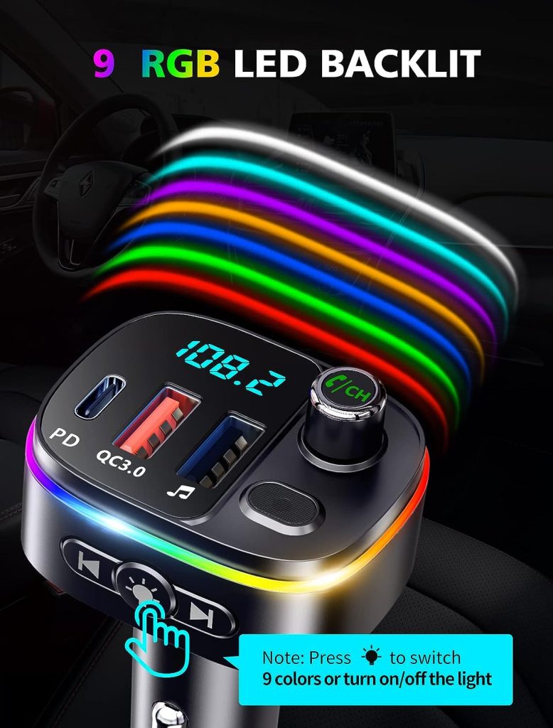 Mohard Bluetooth 5.0 Car Adapter, QC3.0  PD 18W USB C Car Charger, 9 RGB Backlit Car Bluetooth Receivers, FM Transmitter for Car Support Handsfree Calls, Siri Google Assistant, USB Drive